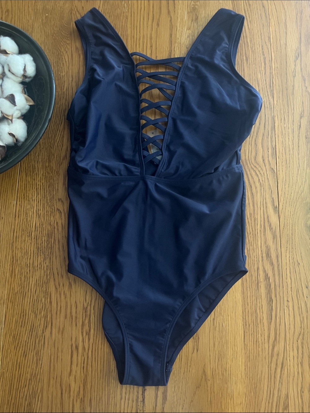 Navy One-Piece Swimsuit with Lace-Up Front